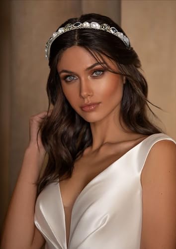 Huachi Rhinestone Baroque Crystal Pearl Wide Headband for Women - Elastic Glitter Green Jeweled Bridal Luxury Hairband