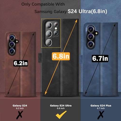 Fiyer Leather RFID Case for Samsung Galaxy S24 Ultra 5G Case 6.8-inch, Case with 3+2 Card Slot and Cash Pocket, Built-in Kickstand, Rugged Protective Case Designed for Galaxy S24 Ultra 5G (Black)