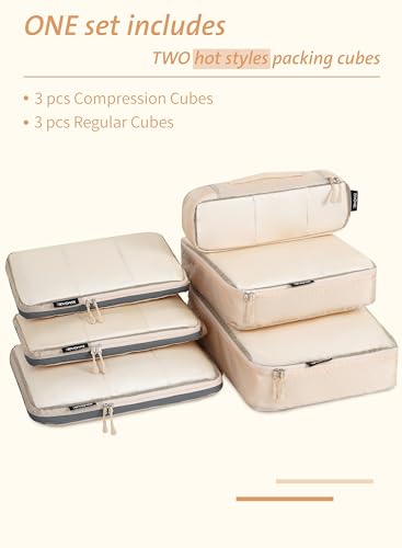 Bagail Ultralight Packing Cubes 7 Set, 3 Compression Packing Cubes 3 Packing Organizers With 1 Shoe Bag-Beige