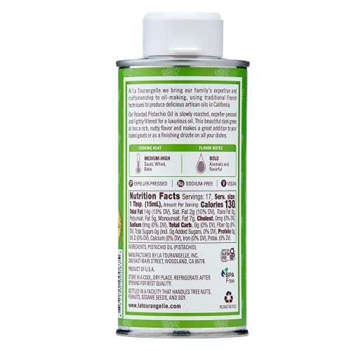 La Tourangelle, Roasted Pistachio Expeller-Pressed Oil for Cooking, Baking, and Beauty, Adds Flavor to Vinaigrettes, Sauces, Marinades, Green, 8.45 Fl Oz