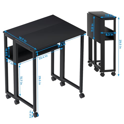 GreenForest Folding Desk Small Foldable Table with Storage Shelf,24.8 inch Rolling Computer Desk with Wheels Space Saving for Bedroom Home Office,Easy Assembly,Black