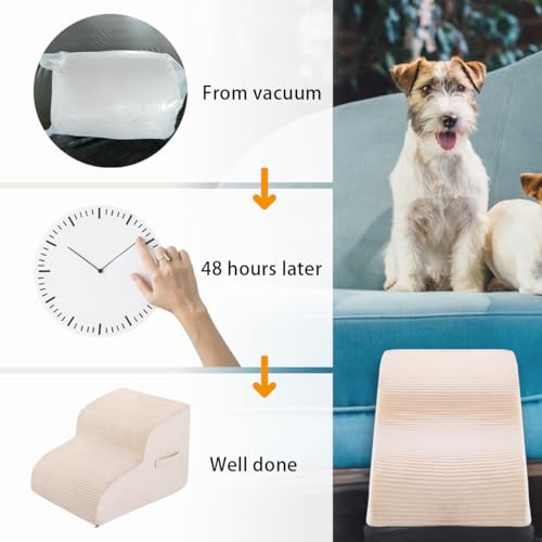 High Density Foam Dog Stairs Steps, 13.7’’ Non-Slip Extra Wide Deep Pet Steps for Beds Or Couches, for Injured or Older Pets Dogs and Cats with Joint Pain, 2-Tiers (Beige)