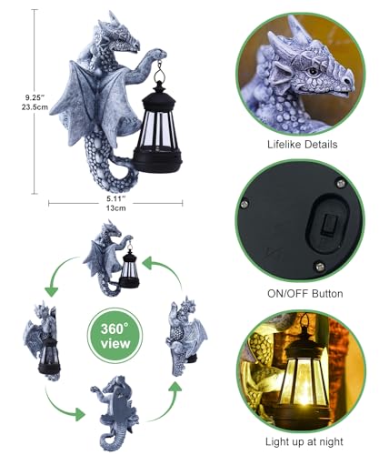 Fashionoda Dragon Tree Hugger with Solar Lantern - 9.3 Inch Resin Dragon Statue for Outside Garden Yard Decor,Unique Outdoor Dragon Gifts & Birthday Gifts for Mom Women Grandma