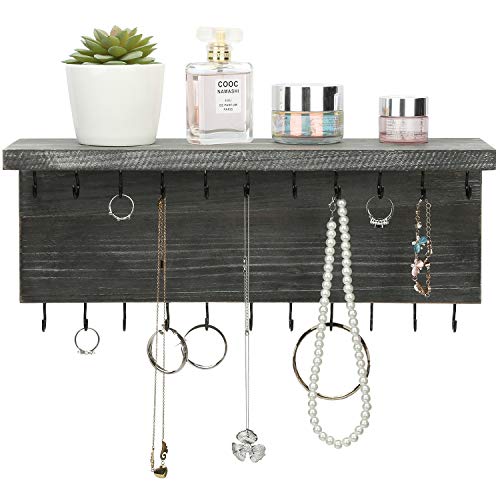 MyGift Hanging Jewelry Organizer, Wall-Mounted Rustic Gray Wood Necklace, Bracelets Display Rack with 26 Hooks and Top Shelf