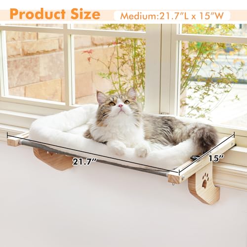 AMOSIJOY Cat Sill Window Perch Sturdy Cat Hammock Window Seat with Cushion Bed Cover, Wood & Metal Frame for Large Cats, Easy to Adjust Cat Bed for Windowsill, Bedside, Drawer and Cabinet(Cushion Bed)