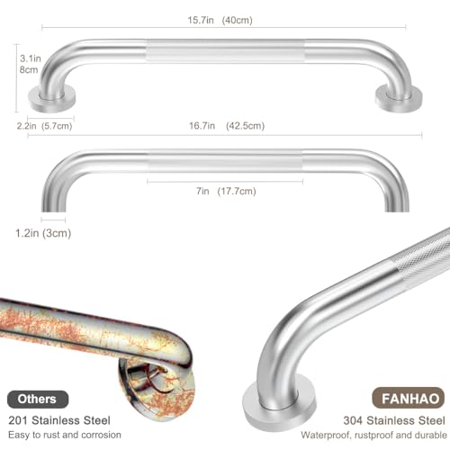 FANHAO 2 Pack Shower Grab Bar, 16 Inch Stainless Steel Bathroom Grab Bar with Anti-Slip Knurled Grip, Heavy Duty Shower Handle Bath Handle, Safety Bars for Elderly or Handicapped (Polished)