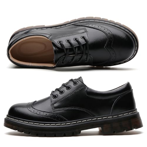 Oxford Shoes Women Slip Resistant Dress Shoes Wingtip Perforated Lace Up Low Heel Casual Work Office Dressy Business Shoes Black US 6