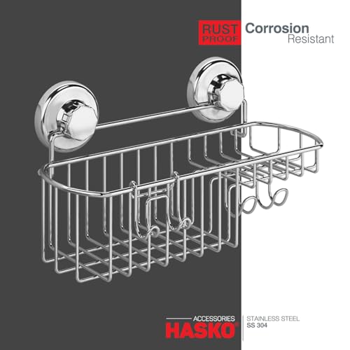 HASKO Suction Cup Shower Caddy Basket for Shampoo, Shower Suction Shelf Organizer, Basket with Soap Holder and Hooks, Stainless Steel Shampoo Holder for Bathroom Storage (Chrome)
