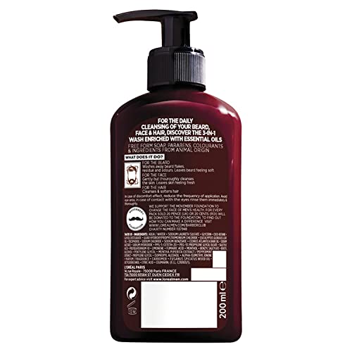 L’Oreal Paris Men Expert Cleansing 3-in-1 Beard, Face & Hair Wash 200ml, Barber Club Wash With Cedarwood Essential Oil, Deeply Cleanses and Removes Beard Flakes