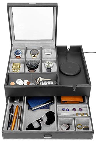 HOUNDSBAY Watch Box for Men & Mens Jewelry Box Organizer - Watch Box Organizer for Men - Watch Display Case - Valet Tray & Watch Holder Organizer for Men - Nightstand Organizer & Watch Stand