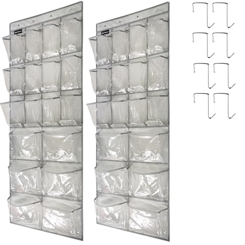 TidyMaster 2 Pack Extra Large Hanging Crystal Clear Over Door Shoe Organizers, Closet Shoe Rack Organizer, 12+6 Pockets, 8 Hooks, Grey (59" x 21.6")