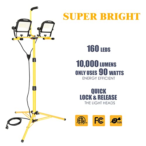 DAYATECH 10000 Lumen Dual-Head LED Work Light with Metal Telescopic Tripod Stand,10 Ft Power Cord
