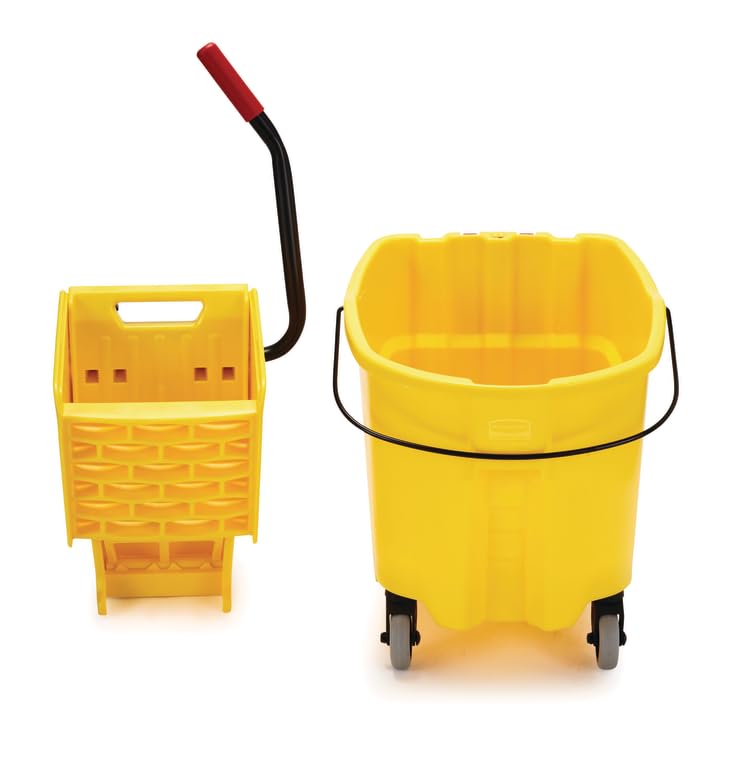 Rubbermaid Commercial Products WaveBrake 26 Qt. Side-Press Mop Bucket and Wringer Combo on Wheels, Yellow, for Professional/Industrial/Business Heavy-Duty Floor Cleaning/Mopping