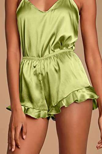 CHYRII Women's Sexy Silk Satin PJS Racerback Cami Tops and Ruffled Hem Shorts 2 PCS Pajamas Sets Nightwear Red S