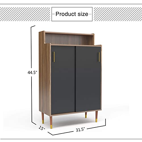 Alohappy Shoe Cabinet, 4-tier Freestanding Shoe Rack Storage Organizer Sliding Doors & Wood Legs, Modern Shoe Storage Cabinet opening shelf Hallway Entryway Living Room Bathroom (Walnut& Black)