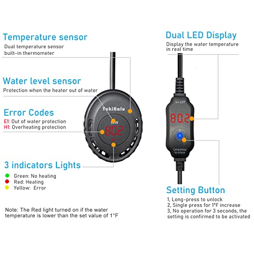 YukiHalu Compact Submersible Aquarium Heater, Mini Fish Tank Heater 50W/100W, External Temperature Controller, Used for 1-20 Gallon (50W(2-8 gallons))