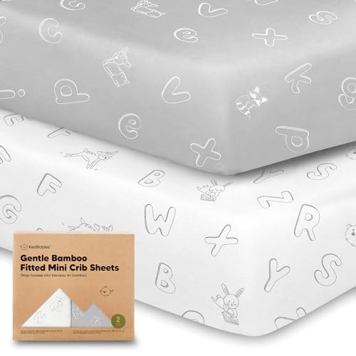 Pack and Play Sheets Fitted, 2-Pack Mini Crib Sheets - Pack N Play Sheets, Organic Fitted Crib Sheet for Pack and Play Mattress, Playard Baby Crib Sheets, Crib Sheets Neutral for Boys, Girls (Abc Land))
