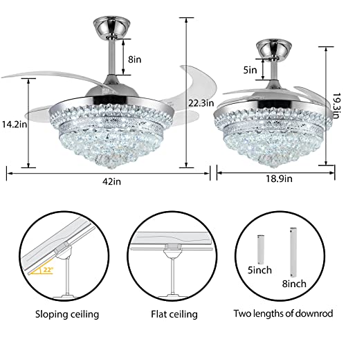 Panghuhu88 42" Invisible Ceiling Fan Chandelier with Light,Modern Crystal Ceiling Fan Light Remote Control 4 Retractable ABS Blades for Bedroom Living Dining Room Decoration (Silver)