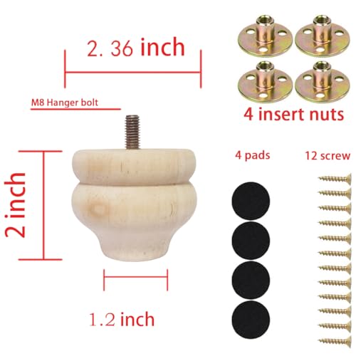 Btibpse 2 Inch Wooden Furniture Legs, Solid Wood Unpainted Replacement Furniture Legs, Cabinet Legs/Desk/Sofa/Bookcase Bun Feet, DIY Wooden Round Legs with Mounting Plate & Screws Set of 4