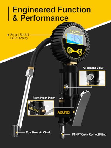 AZUNO Tire Inflator with Pressure Gauge, Most Accurate, Heavy Duty Tire Pressure Gauge with Durable Steel Braided Flexible Hose, Large 2.5" Easy Read Glow Dial and Quick Connect Coupler -100PSI