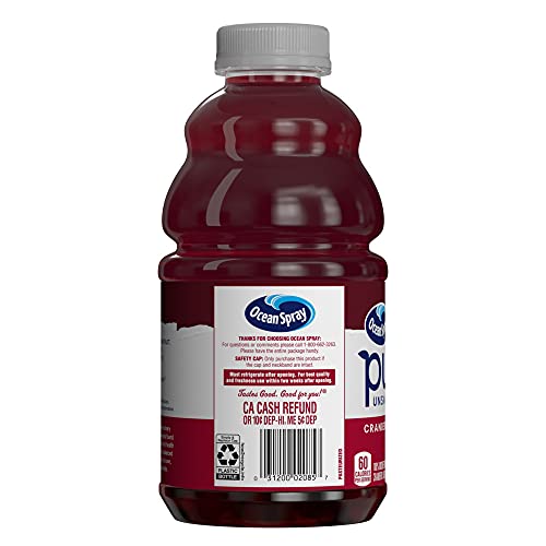 Ocean Spray® Pure Unsweetened Cranberry, 100% Cranberry Juice From Concentrate, 32 Fl Oz Bottle (Pack of 8)