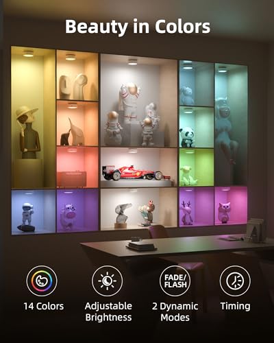 EZVALO Puck Lights with Remote,14 Colors RGB Closet Lights,1200mAh Rechargeable Under Cabinet Lighting with Timer,Wireless LED Under Counter Lights for Kitchen,Shelf,Display Cabinet (3 Packs)