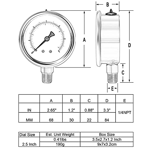 UHARBOUR Glycerin Filled Vacuum Pressure Gauge, 2-1/2" Clear dial,1/4" NPT Back Connection, Stainless Steel Case, Brass Movement, Dual Scales -30HG/60PSI……
