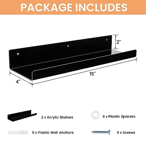 upsimples 2 Pack Acrylic Shelves for Wall Storage, 15" Floating Bookshelves for Kids, Display Shelf Organizer for Bathroom, Bedroom, Living Room, Kitchen, Room Decor, Black