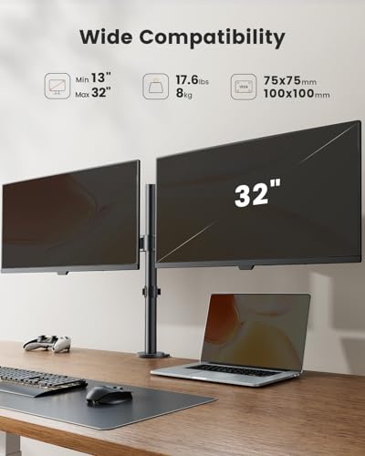 ErGear Dual Monitor Desk Mount, Heavy Duty Adjustable Arm for 2 Screens up to 32 Inches, Fully Adjustable Height, Tilt, Swivel, Rotate, Supports 17.6 lbs per Monitor Arm, Easy Installation