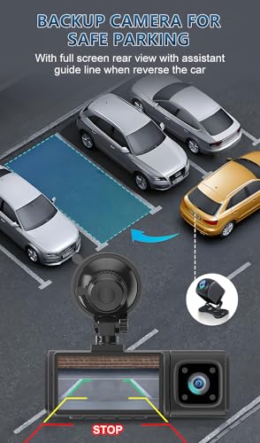 Dash Cam Front and Rear Camera 3 Channel 2.5K+1080P+1080P, Dash Cam Front and Inside Camera Included 64GB Card, Dash Camera for Cars with Infrared Night Vision, Parking Monitor, Accident Lock