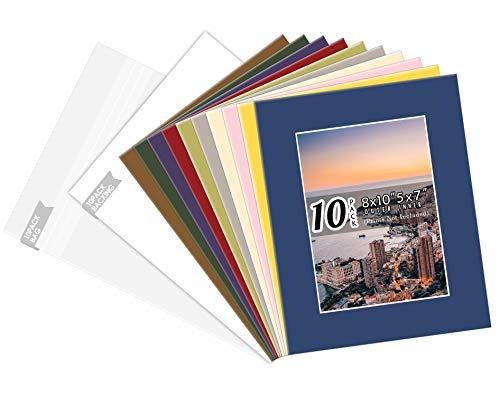 Golden State Art, Pack of 10 Mixed Colors Pre-Cut 8x10 Picture Mat for 5x7 Photo with White Core Bevel Cut Mattes Sets. Includes 10 High Premier Acid Free Mats & 10 Backing Board & 10 Clear Bags