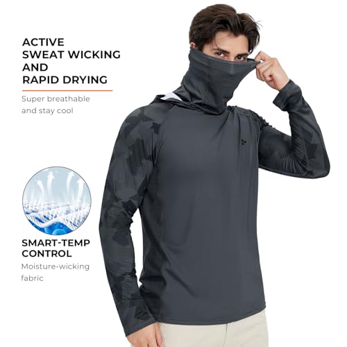 Rodeel UPF 50+ Men’s Long Sleeve Performance Fishing Hiking Shirt with Mask UV Neck Gaiter Hoodie