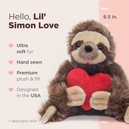 Bearington Lil’ Simon Love 6.5 Inch Sloth Stuffed Animal - Cute Plush Toy for Girls & Kids - Unique Sloth Plush Valentine’s Day Gift
