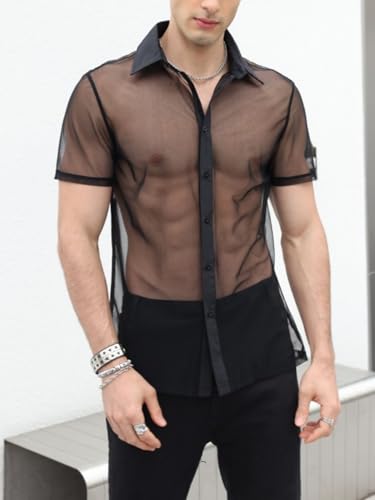 Verdusa Men's Sheer Mesh Button Up Shirt See Through Short Sleeve Top Black X-Small