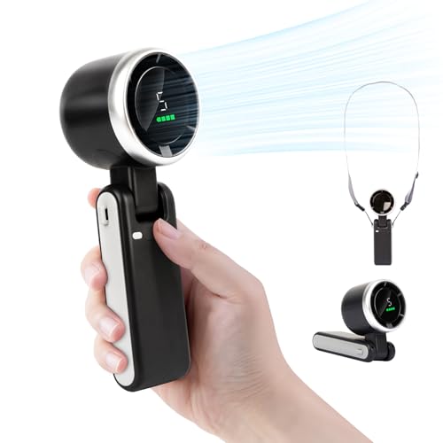 HONEYYEAR Portable Handheld Turbo Fan, 3600mAh Battery Operated Fan with LED Display, Mini Portable Fan, 180°Adjustable, 5 Speeds, Handheld/Neck/Desk 3 in 1 Personal Hand Fan black