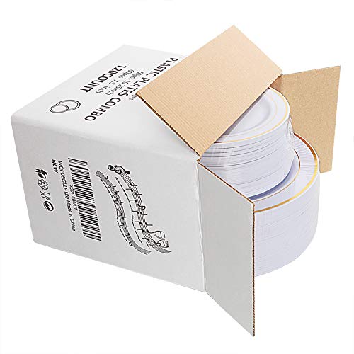 WDF 120 pieces Gold Disposable Plastic Plates - White and Gold Plates Include 10.25" Dinner Plates & 7.5" Salad Plates for Weddings and Party