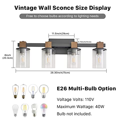 PUNSOKO Farmhouse Vanity Light Fixture, 3 Light Bathroom Wood Wall Light Over Mirror with Clear Glass Shade, Rustic Bathroom Vanity Light (Antique Wood, 3-Light)