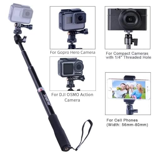 Smatree Q3 Telescoping Selfie Stick with Tripod Stand Compatible for OSMO 360,Insta360 X5,GoPro Hero 13/12/11/10/9/8/7/6/5/4+/3/Max/Session/2018/AKASO/OSMO Action Camera 5 Pro/Pocket 3/SJCAM/and Phone