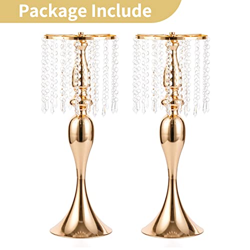 2 Pcs 21.3 inches Tall Crystal Flower Stand Wedding Road Lead Flowers Holders Centerpiece Metal Chandelier for Reception Tables Supplies