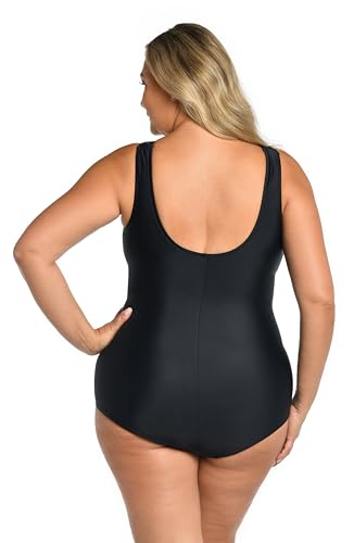 Maxine Of Hollywood Women's Standard Side Shirred Girl Leg One Piece Swimsuit, Black//Tulum Tiki Floral, 8