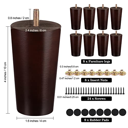 Ruisita 8 Pieces Furniture Couch Legs 4 Inch Round Solid Wood Sofa Legs Natural Wooden Couch Legs Replacement Legs for Armchair, Cabinet, Chair, Footstool, Mid Century Modern Dresser, Brown