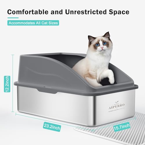 Enclosed Stainless Steel Cat Litter Box with Lid, XL Extra Large Litter Box for Big Cats with Cat Mat and All-Metal Litter Scoop (Beige, X-Large)