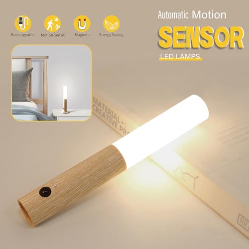LANDGOO Motion Sensor Night Lights Magnet Body Sensor Hallway, Rechargeable Led Light Portable Stairway, Wooden Wall Sconce Battery Powered Cabinet Lights(Walnut Wood 1PC)