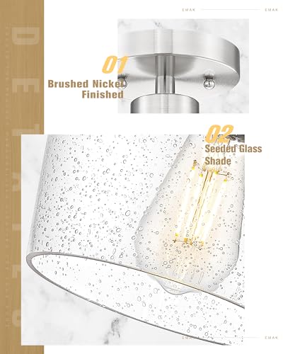 Emak Modern 8 Inch Ceiling Light Fixtures, Brushed Nickel Semi Flush Mount Ceiling Light with Seeded Glass Shade, Flush Mount Light Fixture for Bathroom, Bedroom, Kitchen, Hallway, FM122-BN-SG