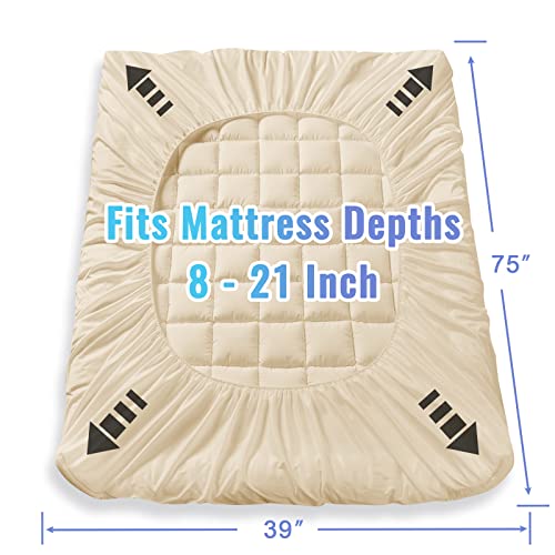 MATBEBY Bedding Quilted Fitted Twin Mattress Pad Cooling Breathable Fluffy Soft Mattress Pad Stretches up to 21 Inch Deep, Twin Size, Beige, Mattress Topper Mattress Protector