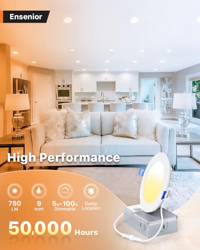 Ensenior 12 Pack 4 Inch LED Recessed Ceiling Light, Dimmable, 3000K Warm White, 750LM 9W 120V, High Brightness Canless Wafer Downlight - ETL&FCC&IC