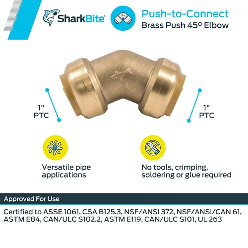 SharkBite 1 Inch 45 Degree Elbow, Push to Connect Brass Plumbing Fitting, PEX Pipe, Copper, CPVC, PE-RT, HDPE, U660LFA