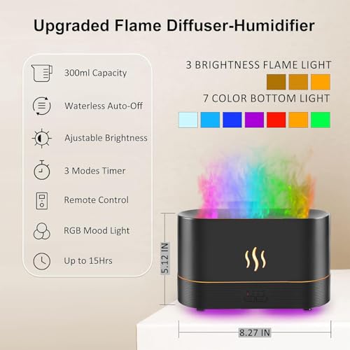 PLUWEL Colorful Flame Diffusers for Essential Oils Large Room-Upgraded 300ML Aroma Diffuser Humidifier Quiet Diffuser with Remote Control, Night Lights, Timer, No-Water Auto Off