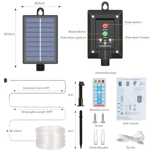 ICRGB Solar Rope Lights, 39FT 120LED Outdoor Solar Powered String Lights, IP67 Waterproof, 8 Modes, Dimmable and Timer, Remote Control Solar Lights for Outside Patio Porch Garden Pool Decor, White