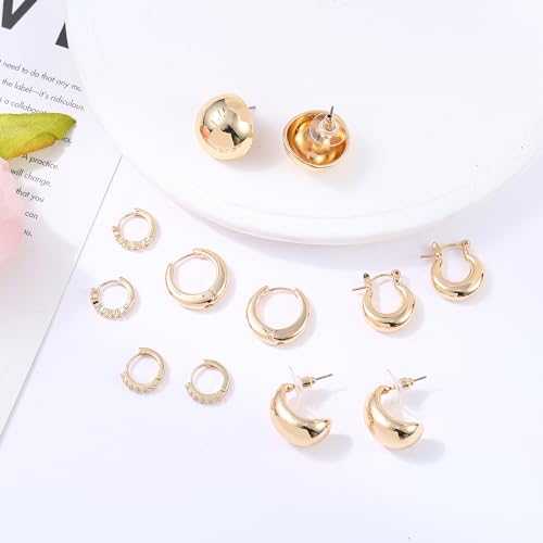 HILXURY 6 Pairs Gold Hoop Earrings for Women, 14K Gold Plated Chunky Huggie Hoop Earrings Set Hypoallergenic, Lightweight Twisted Open Hoops Jewelry for Christmas/Birthday Gifts. (1Gold)